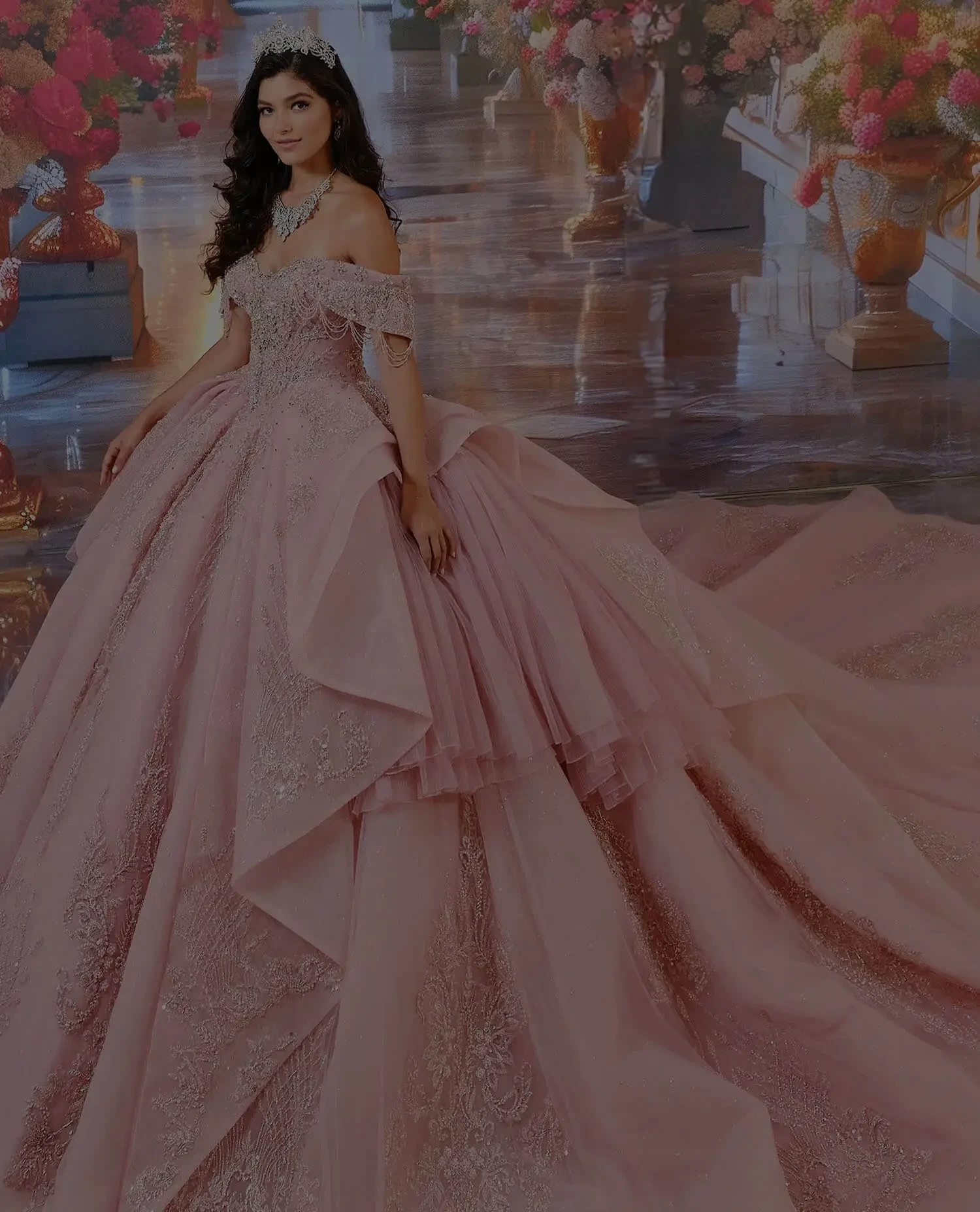 Model wearing a white gown. Mobile image